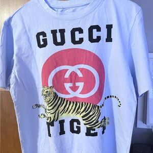 Gucci White Tee with Red Logo and Tiger Graphic